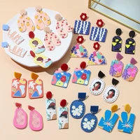 simple niche fashion retro flower contrast color square earrings candy color acrylic female all match earrings gift jewelry