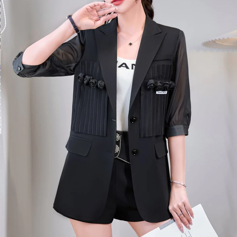 

Height Quality Fashion New Design Summer Half Sleeve Thin Blazer Jacket Women's Solid Tops Causal Office Lady Wear Size S-4XL