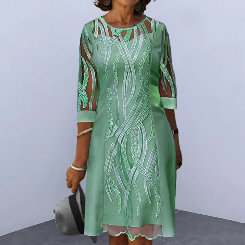 

Holiday Dress O-neck Midi Dress Fake Two Piece Lace Splicing Midi Dress
