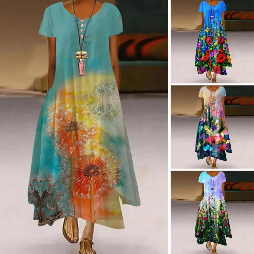 

Fashion Women Dress Soft Fabric Dreaming Dating Dress Ankle Length Dandelion Printing Women Dress