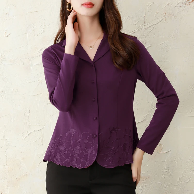 Элегантные фиолетовые вышитые женские рубашки Осень-Зима базовые Топы с длинным