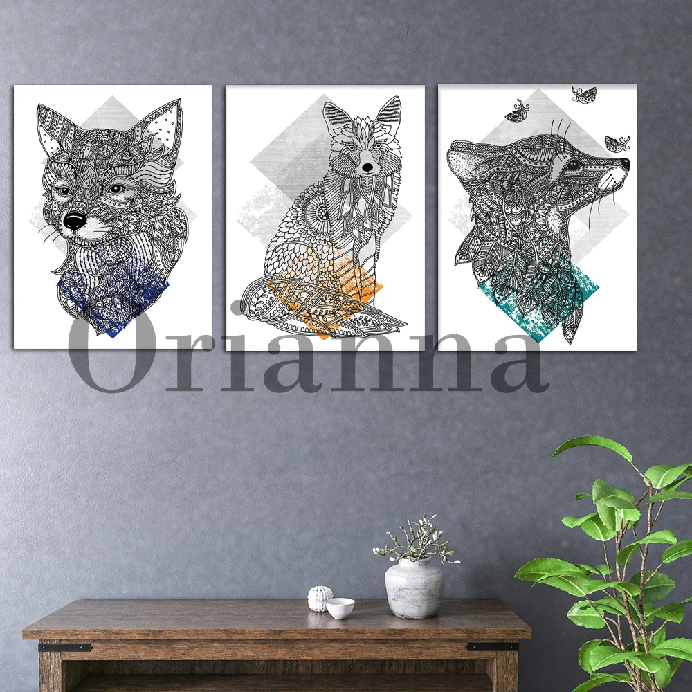 

Tribal Geometric Fox Head Side Fox Sitting Art Orange Yellow Grey Aztec Gallery Wall Prints Posters Home Decor Painting Gift