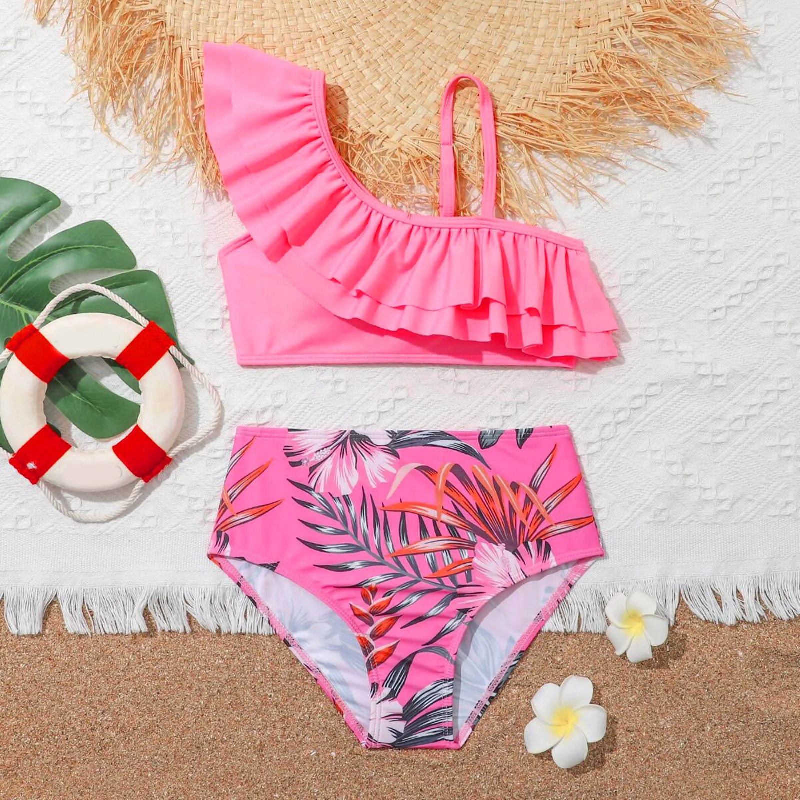 

Купальник для маленьких девочек из 2 предметов, спортивный комплект бикини с цветочным принтом и высокой талией, пляжный купальный костюм, детская одежда для плавания