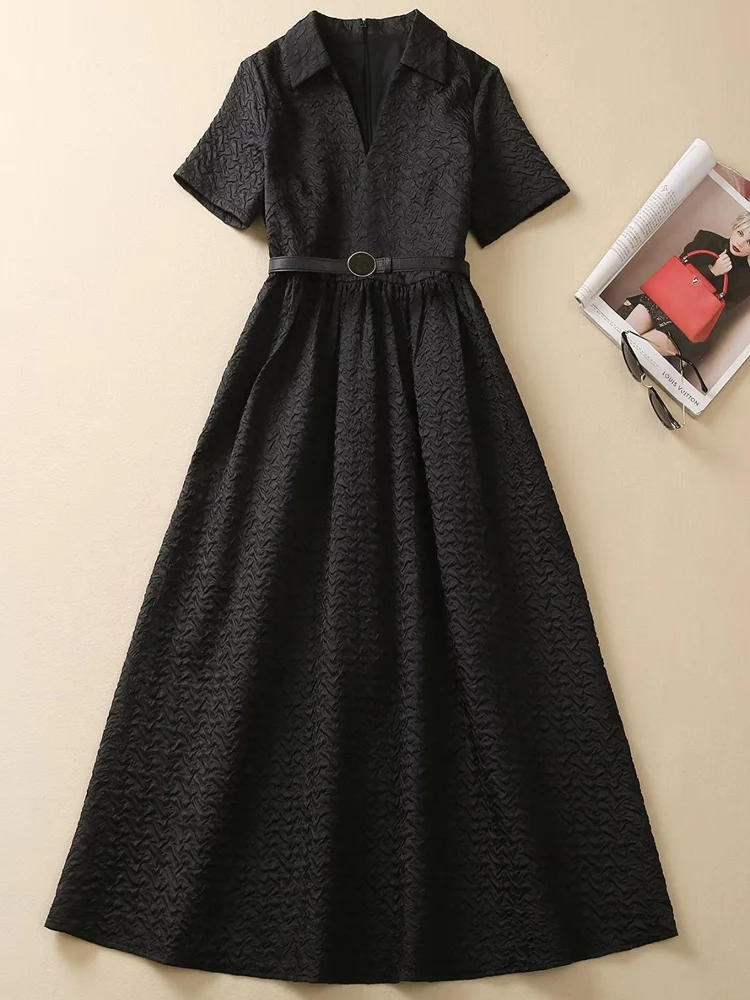 

High Quality Summer New Women'S Fashion Black Belt Slim Unique Elegant Vintage Chic Party Elegant Runway Workplace Midi Dress