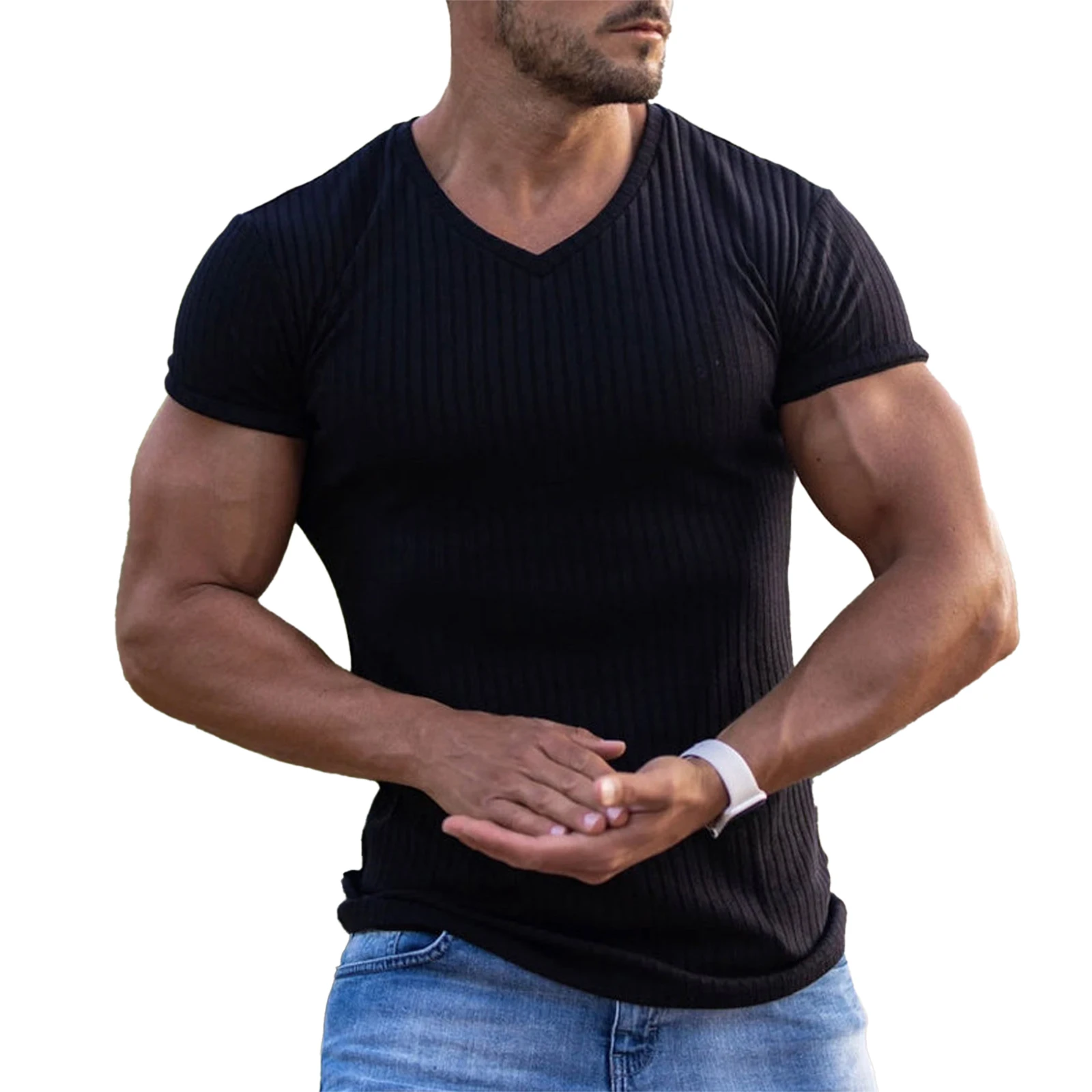 

Men Solid Color Casual T-shirts Tees Breathable V-Neck Short Sleeve Gym Fitness Workout Sports Top T-shirt Quickly Dry Sportwear