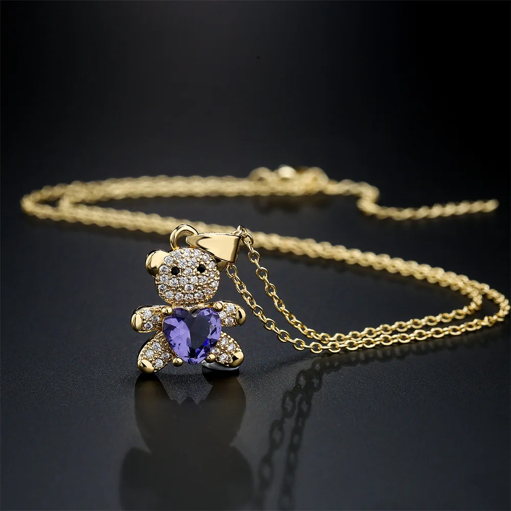 

Beautiful Lovely Heart Bear Pendant Zircon Necklace Clavicle Chain Sweater Chain For Women Fashion Cute Jewelry Accessories