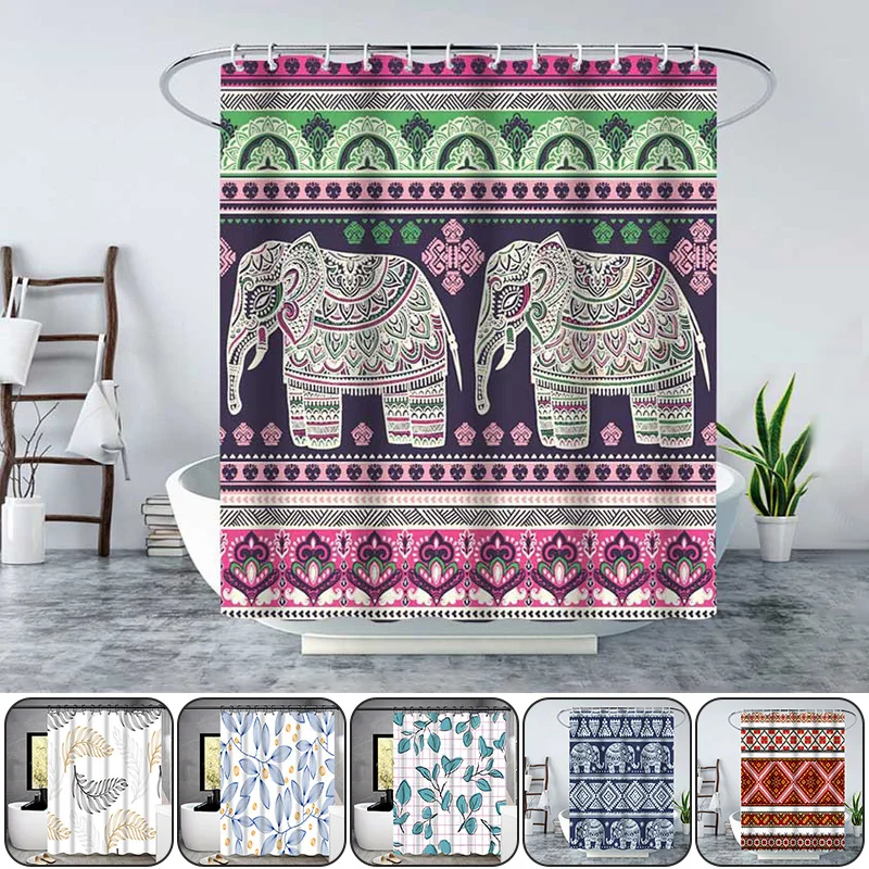 

Modern Minimalist Leaf Geometric Pattern Shower Curtain Mildew Resistant Waterproof Fabric Bath Curtain 12 Hook Ring Set