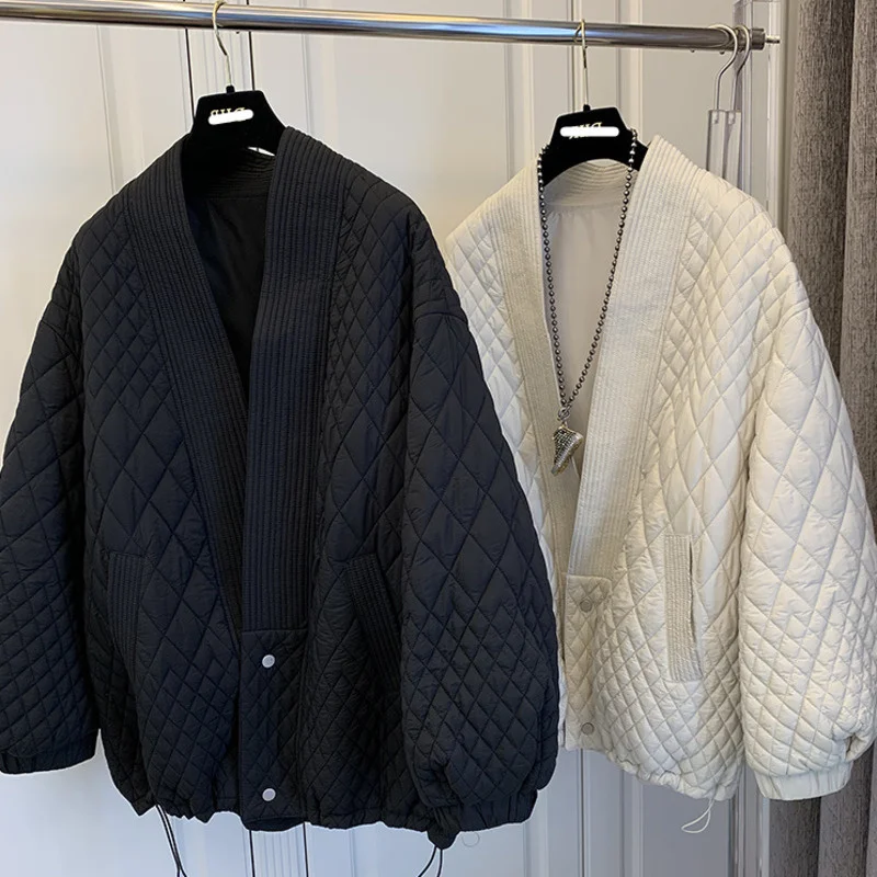 Fashion 2021 Women's Clothes Autumn and Winter New Loose Stitching Jacket Female V-neck Long-sleeved Long-sleeved Parka Coat