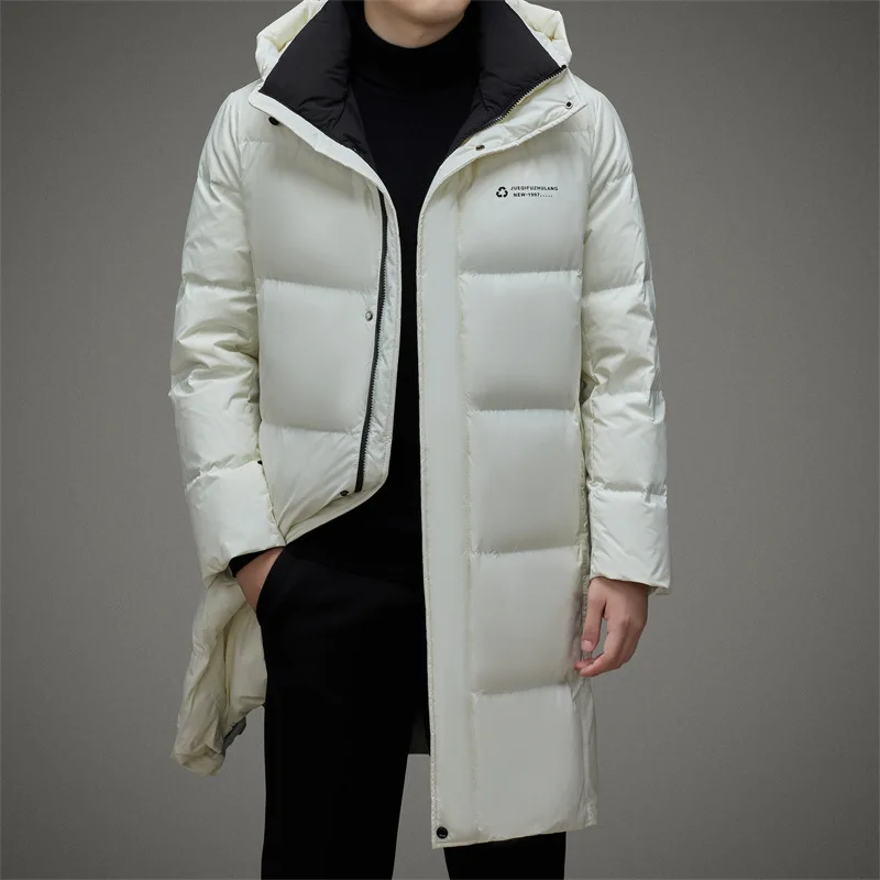 2022 High End Long Down Jacket Men Korean Fashion Casual White Eiderdown Hooded Coat Winter Thick Warm Down Jacket Men's Clothes