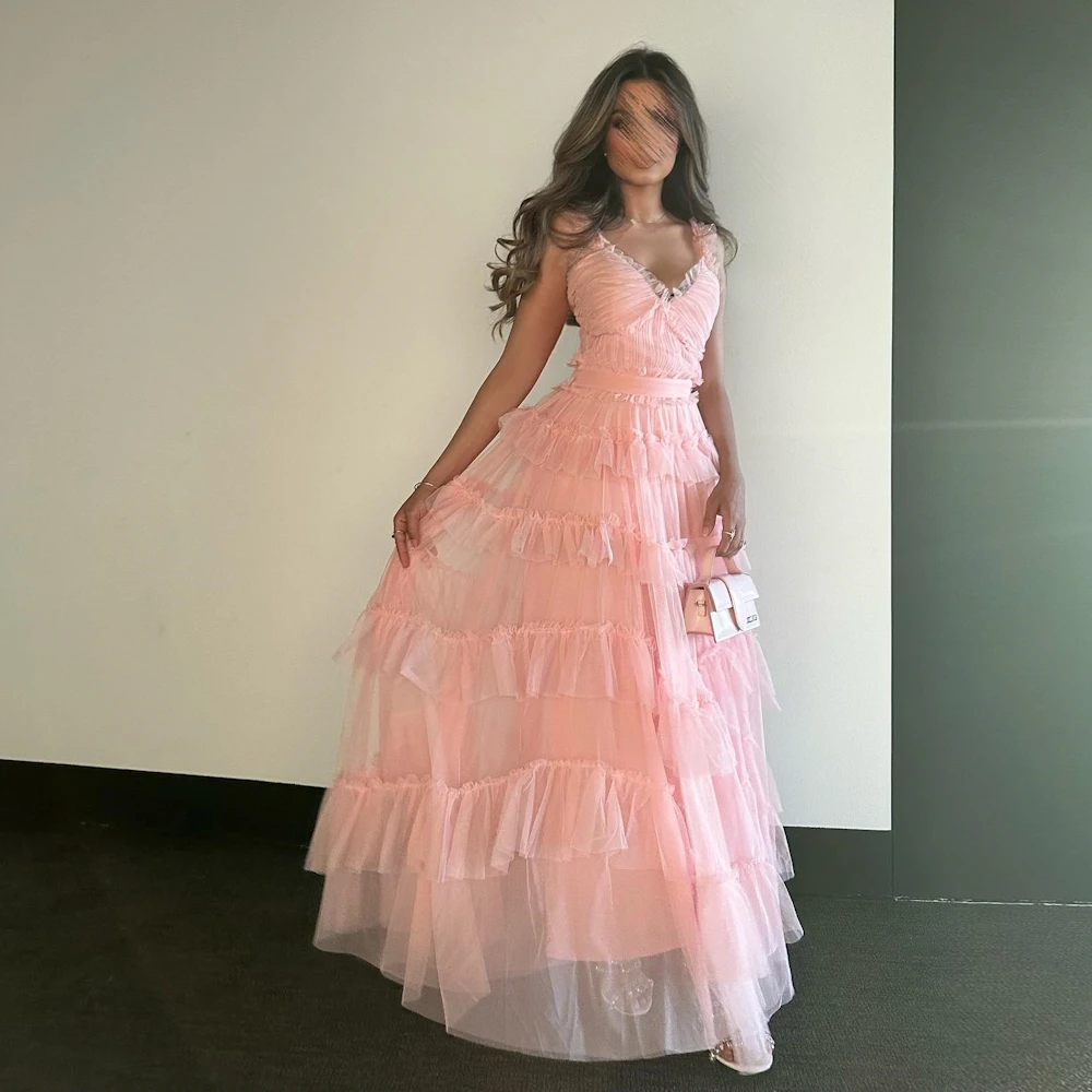 

ROSELLA Pink Spaghetti Straps Women prom Dresses Tiered Ruffles Ankle Length Female Formal Evening Party Gown New 2023