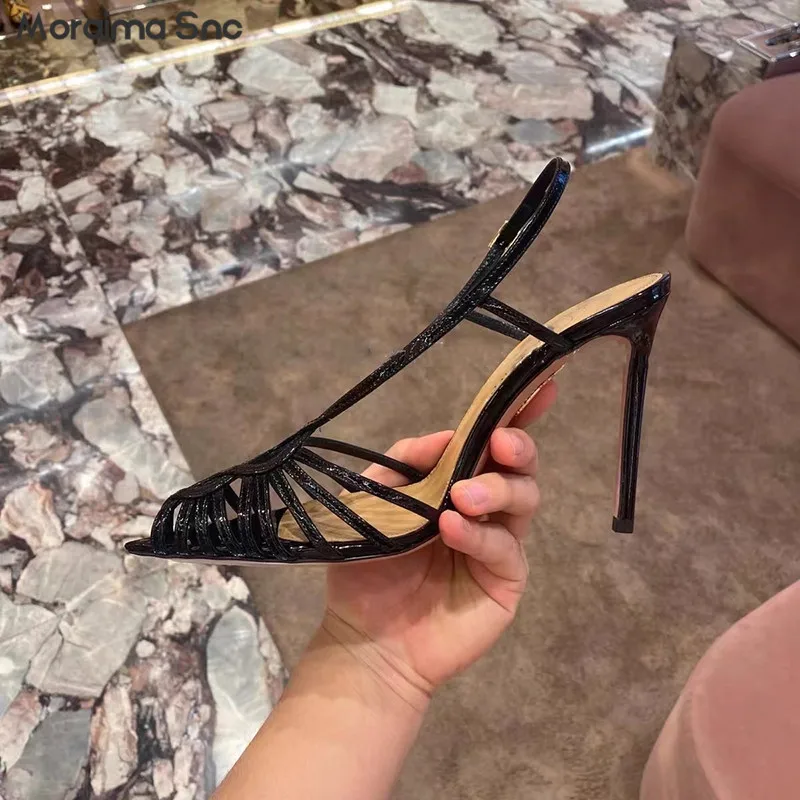 Summer Rhine-Drill Cross-Strap Sandals Fuchsia Black Pointed Stiletto Sandals Sexy Large Size Fashion Hollow Out Women's Pumps