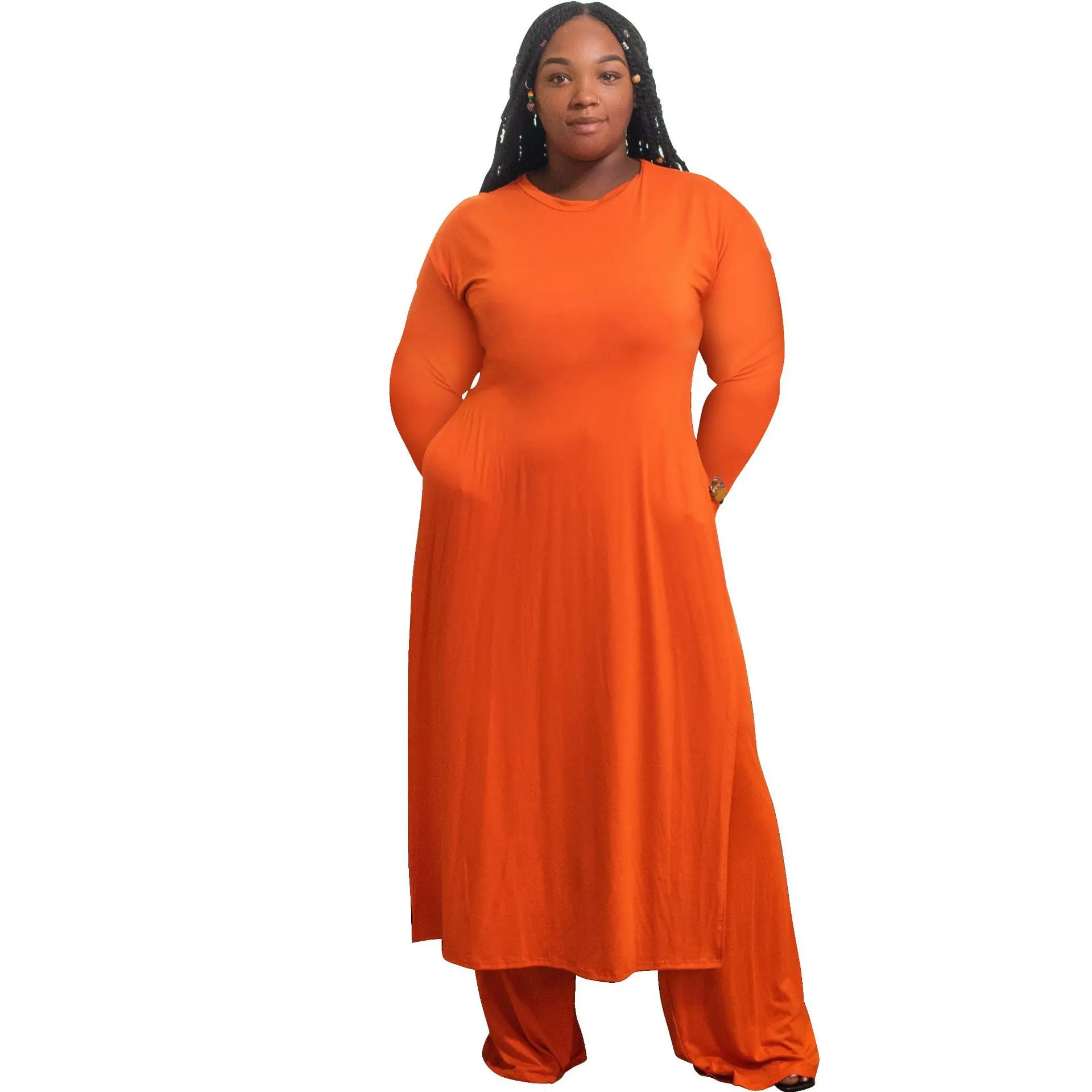 Plus Size Women Clothing Solid Long Sleeve O-Neck Ankle-Length Set of Women's Clothing 2 Pieces Elastic Waist Slim Fit Full