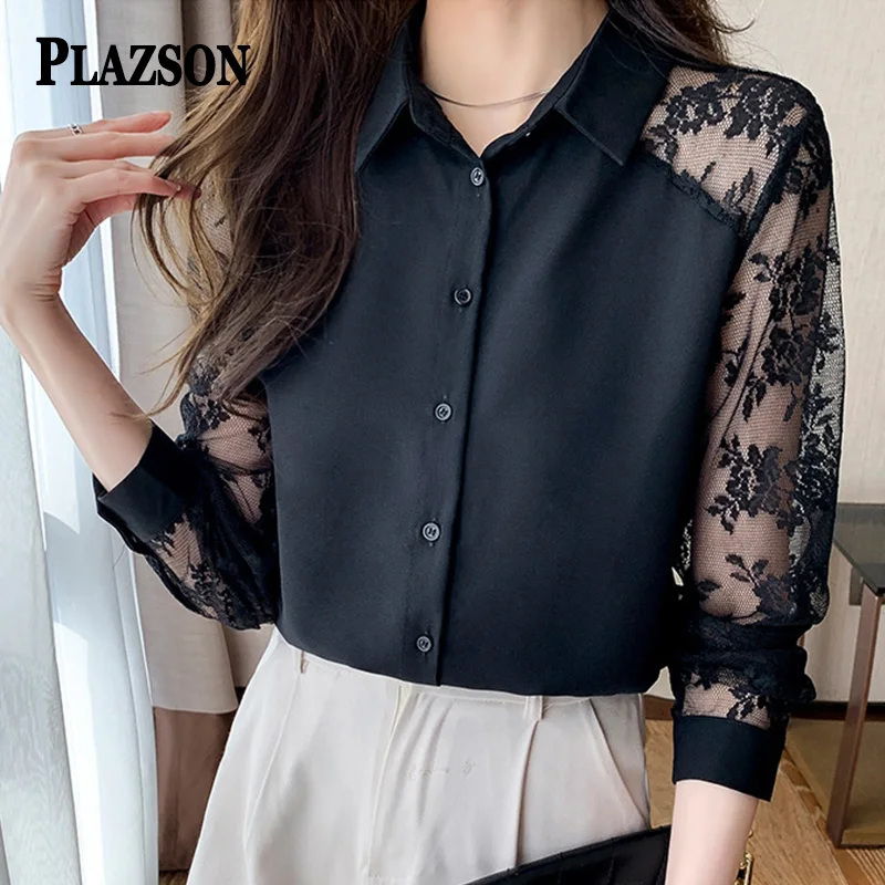 

PLAZSON gömlek ve bluz blusas para mujer blouses for women Vintage Button Down Shirt Long Lace Sleeve Collar Office Work Blouse