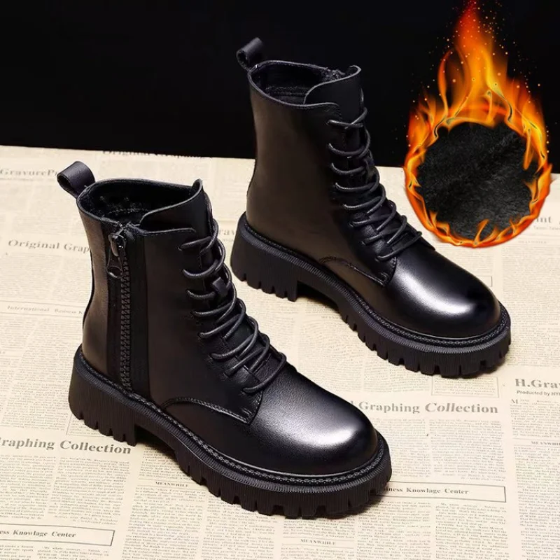 

Women Leather Boots Platform Ankle Boots Keep Warm Middle Tube Side Zipper Shoelace Women Shoes Winter Fashion Single Shoes