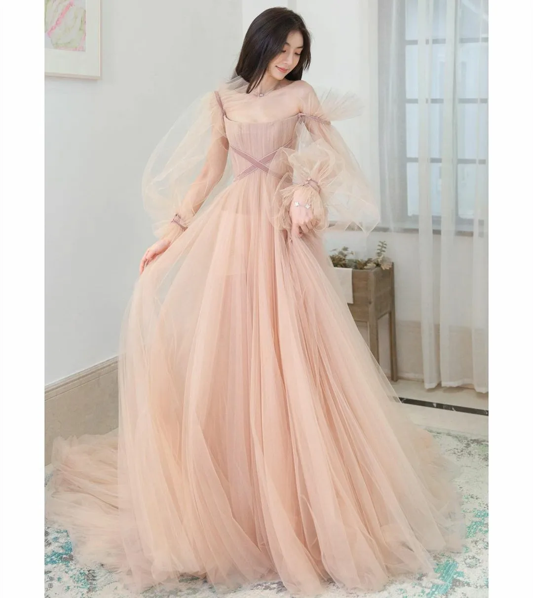 

Vinatge корейские длинные розовые тюлевые вечерние платья с рукавами трапециевидной формы