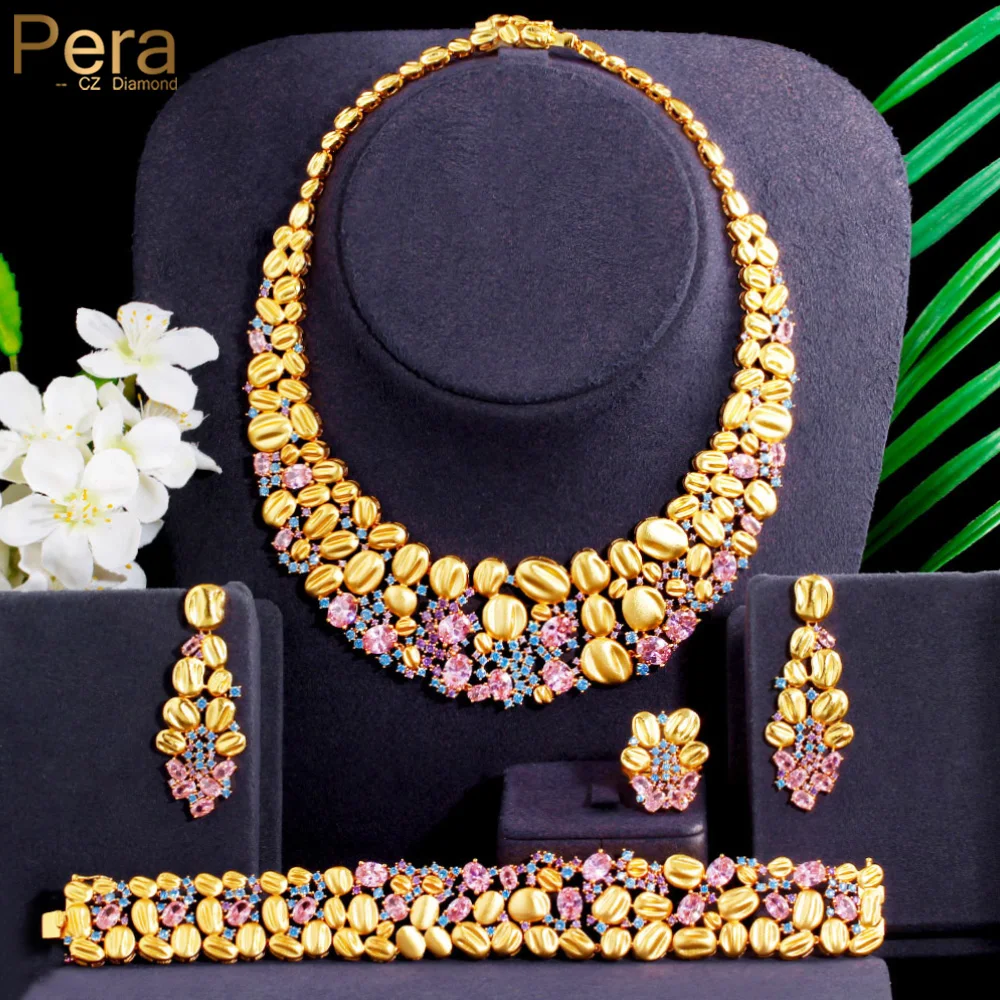 Pera Magnificent 4Pcs Pink Blue CZ Stone Indian Gold Luxury Bridal Wedding Choker Necklace Earrings Jewelry Sets for Women J524