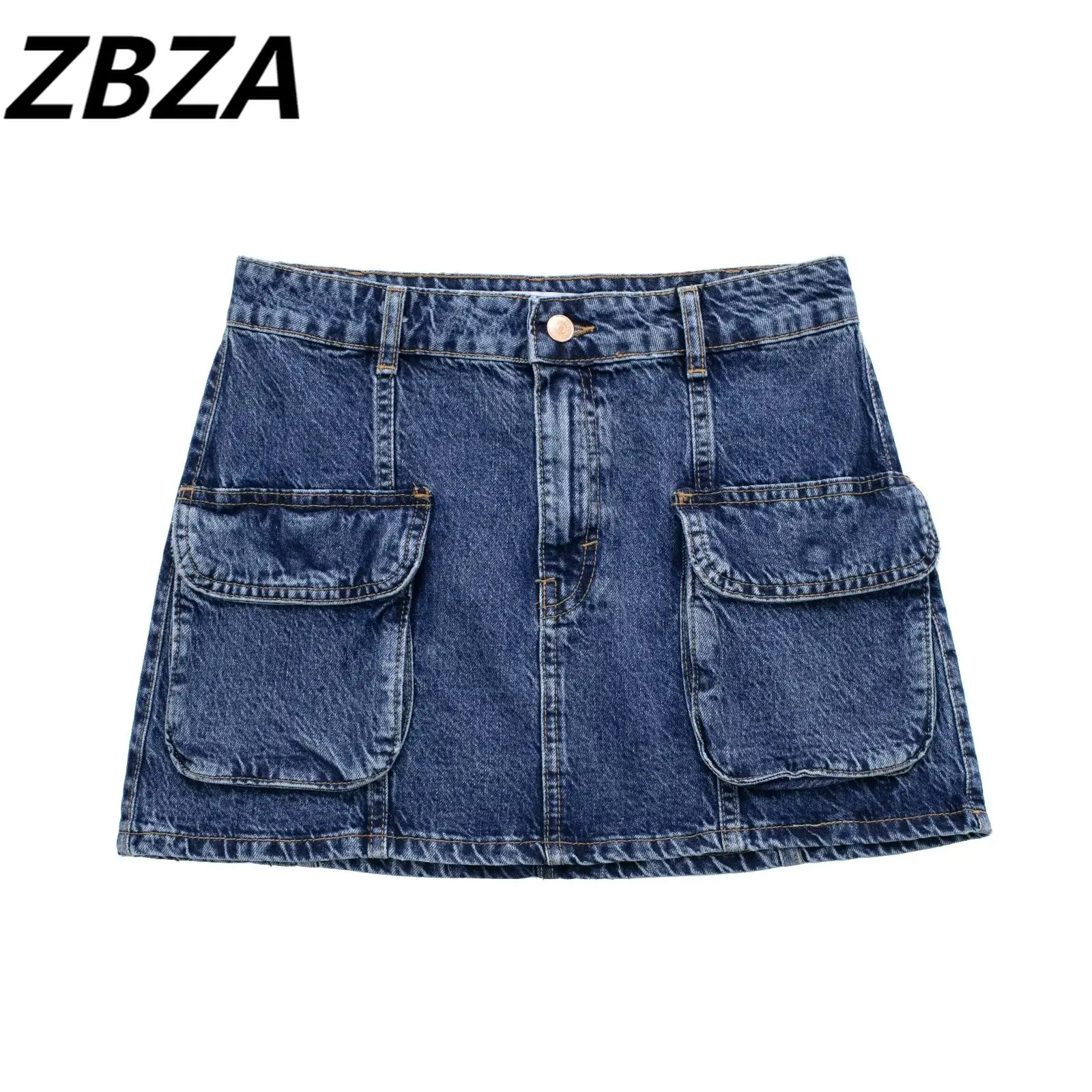 

ZBZA Women 2023 spring New Chic Fashion Tooling style Denim Skirt Vintage High Waist pocket Zipper fly Female Skirts Mujer