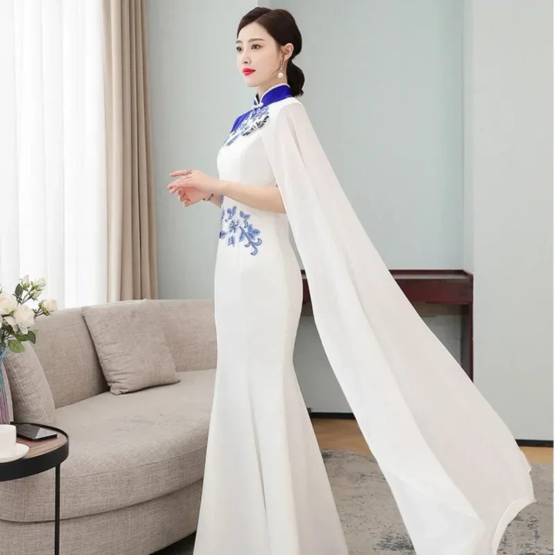 Шифоновое банкетное вечернее платье с вышивкой длинное тонкое китайское