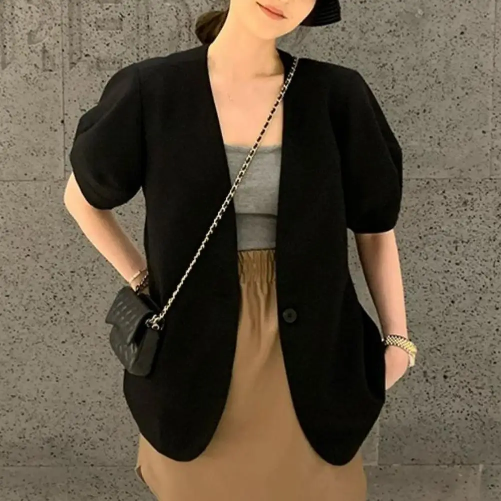 

Women Blazer Short Sleeve Cardigan Single Button Loose Bubble Sleeve Women Solid Color Blazer Business OL Style Commute Coat