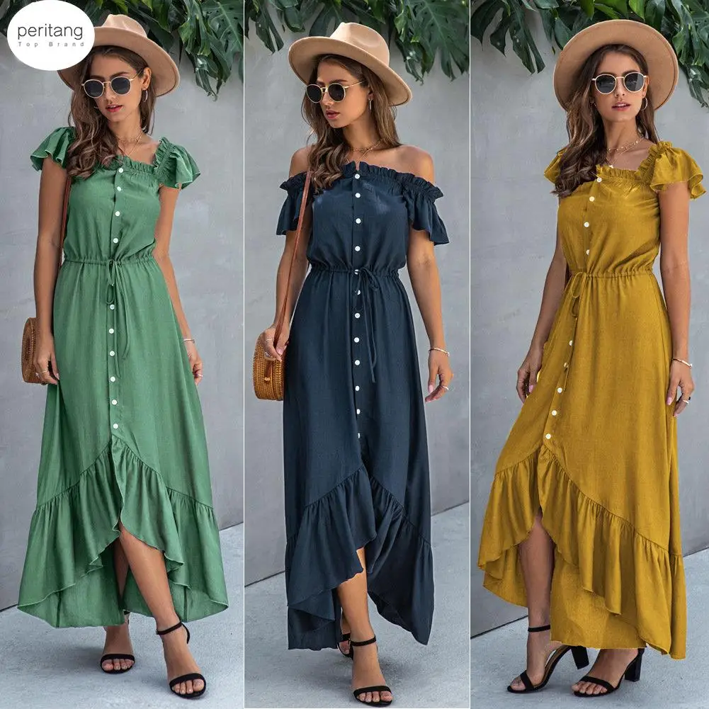 

Платье женское длинное с открытыми плечами, Элегантный Повседневный Сарафан с лямкой на шее и оборками, лето