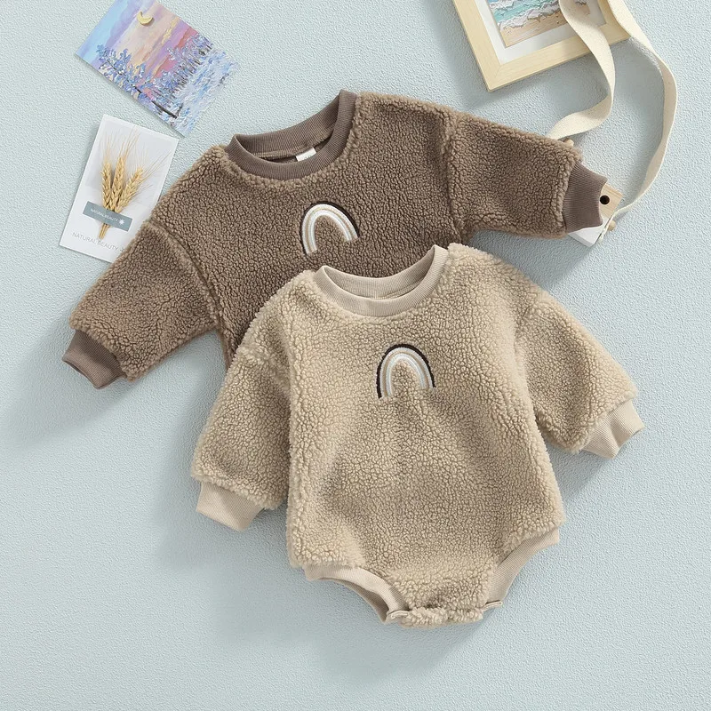 

Newborn Baby Girl Boy Clothes Casual Suit Autumn Winter 2022 Long Sleeve Rainbow Patchwork Round Neck Plush Triangle Bodysuit