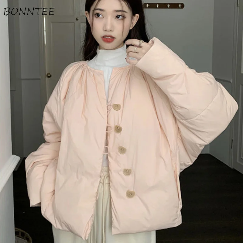 

Parkas Women Pink O-neck Baggy Girlish Korean Fashion Winter Minimalist Sweet Clothes Cozy Pure Thicken Warm Preppy High Street