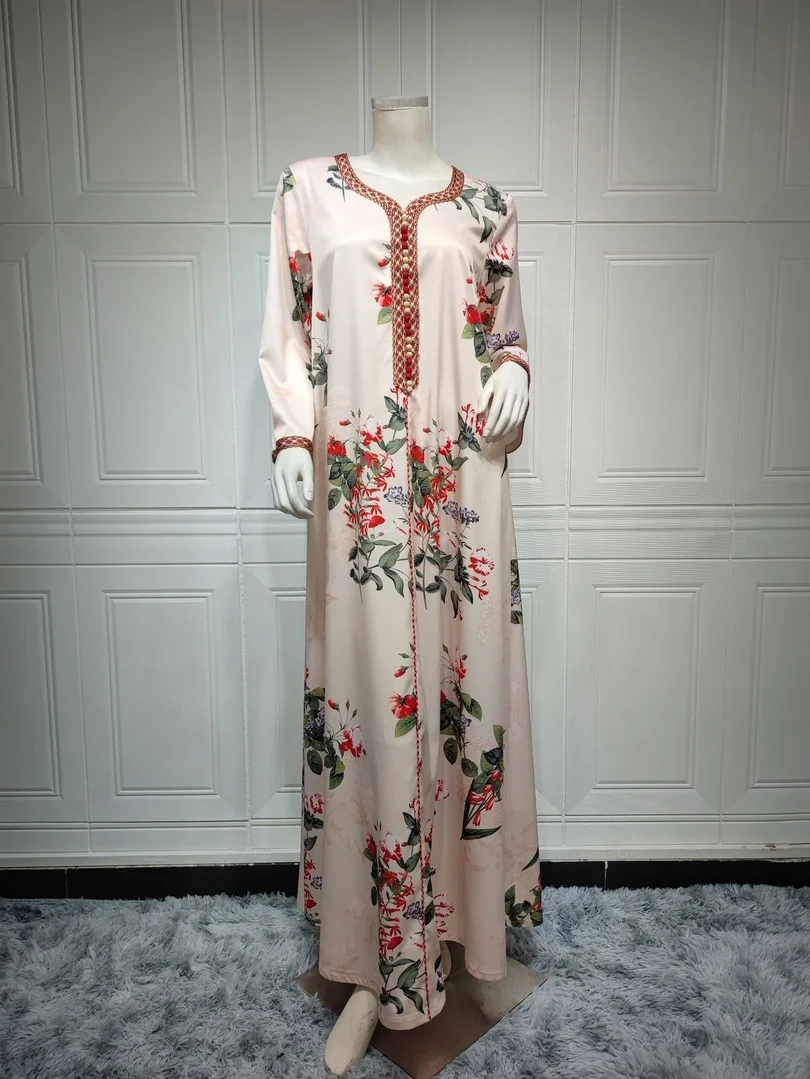 

Middle East Muslim Party Dress Floral Printing V Neck Patchwork Long Sleeves Dubai Abaya Jalabiya Real Picture Turkey Dresses