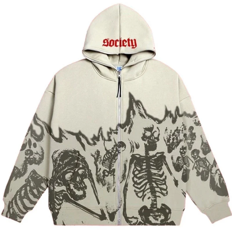 

Men Anime Skull oodies Women Vintae otic Zip Up Lon Sleeve Streetwear Loose Coats arajuku Letter Print ooded Sweatsirts