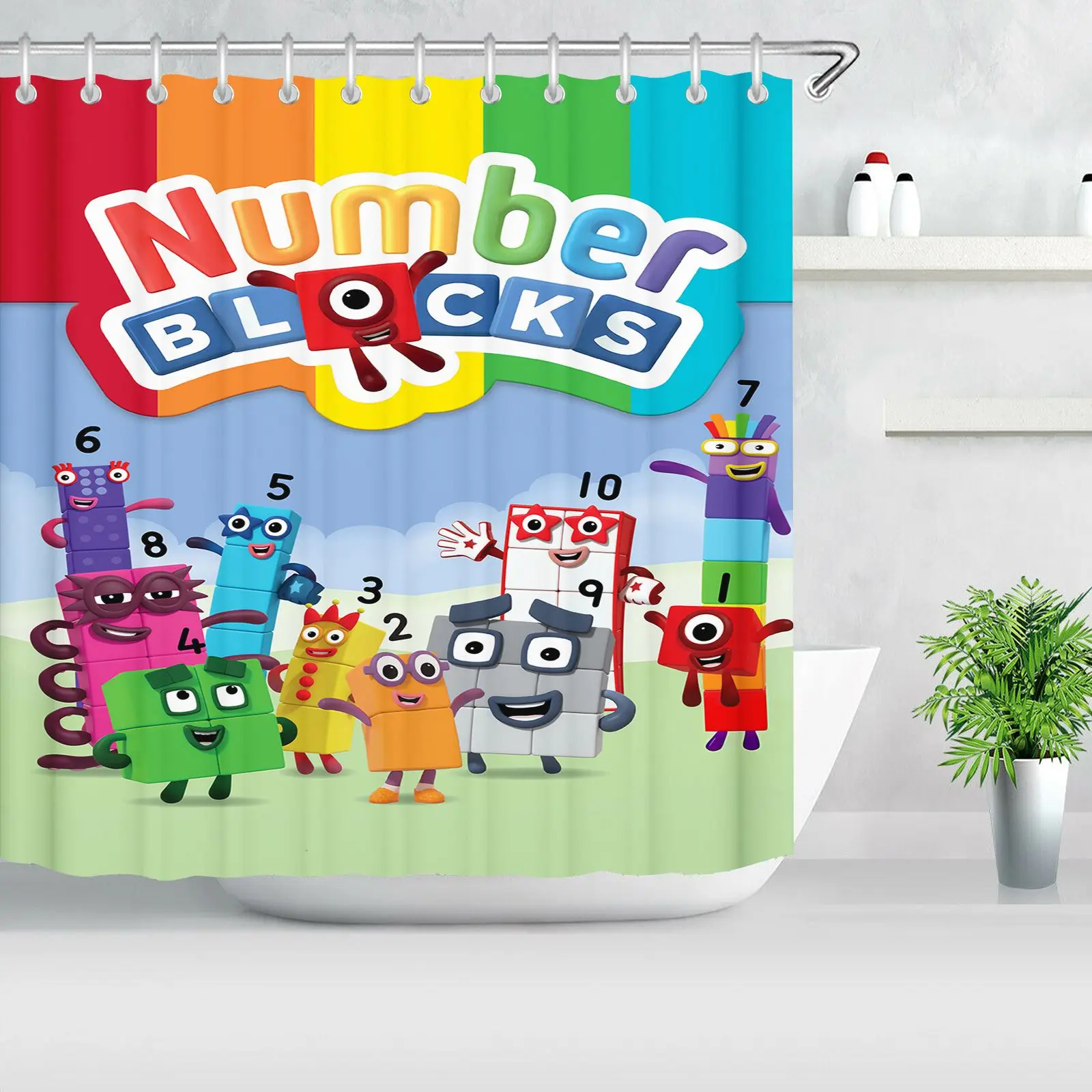 Фото Занавеска для душа с героями мультфильма Numberblocks, водонепроницаемая, для детской ванной комнаты, с крючками, развивающий декор для ванной для детей №3