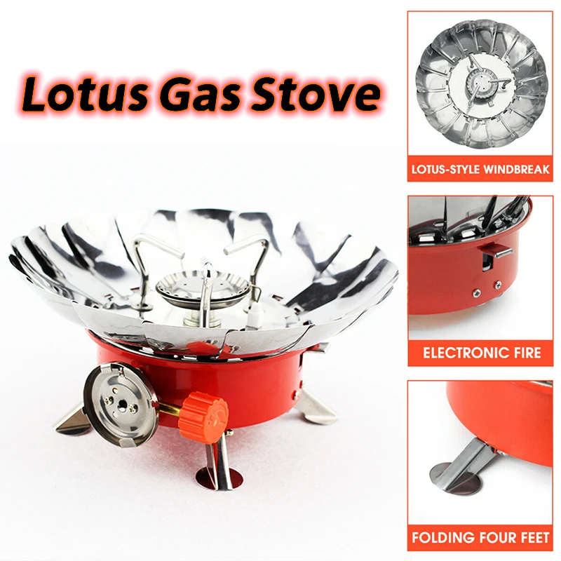 

Windproof Piezo Ignition Lotus Gas Stove Outdoor Cooking Gas Burner Cookware with Adapter for Camping Hiking Picnic BBQ