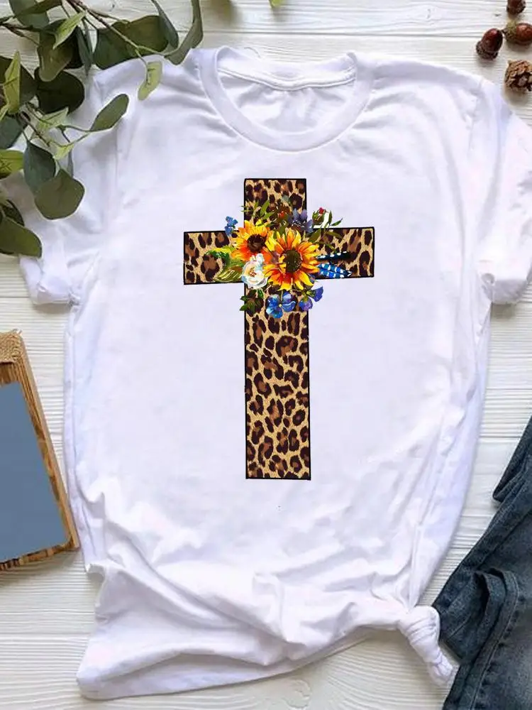 

Summer Women Clothes Graphic T-shirt Clothing Short Sleeve Faith Leopard 90s Style Fashion Kawaii Basic Tee Top Print T Shirt