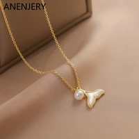 anenjery 316l stainless steel jewelry new shell mermaid pearl pendant necklace fashion womens necklace jewelry gift