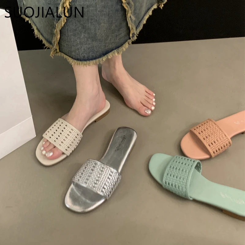 

SUOJIALUN 2023 Summer New Women Slipper Fashion Weave Slip On Ladies Casual Outdoor Sandal Shoes Flat Heel Beach Slides Flip Fl