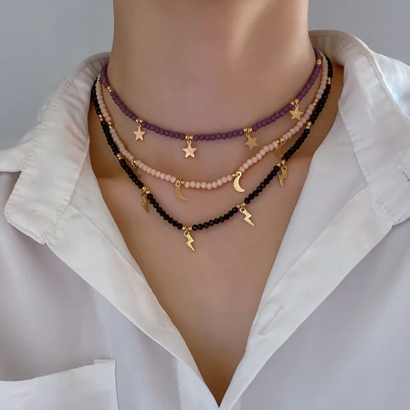 

Bohemian Moon Star Lightning Pendent Stand Choker Necklace For Women Women Handmade Beads Charm Collar Necklace Jewelry Gift