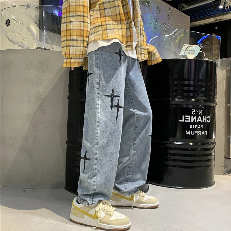 

Autumn New Korean High Street Cross Patch Embroidery Blue Straight Jeans Men and Women INS Tide Sweatpants Women