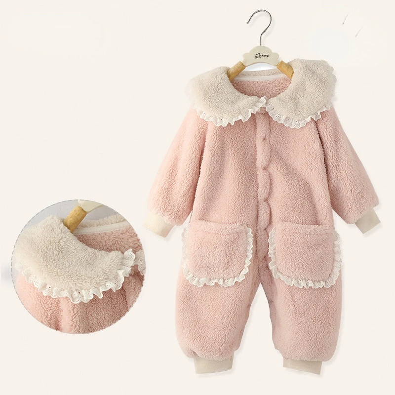 

2023Baby Coral Fleece Climbing Suit Baby Bodysuit Lace Loose Cotton Suit Winter Thickened Outwear Baby Hack 66-90
