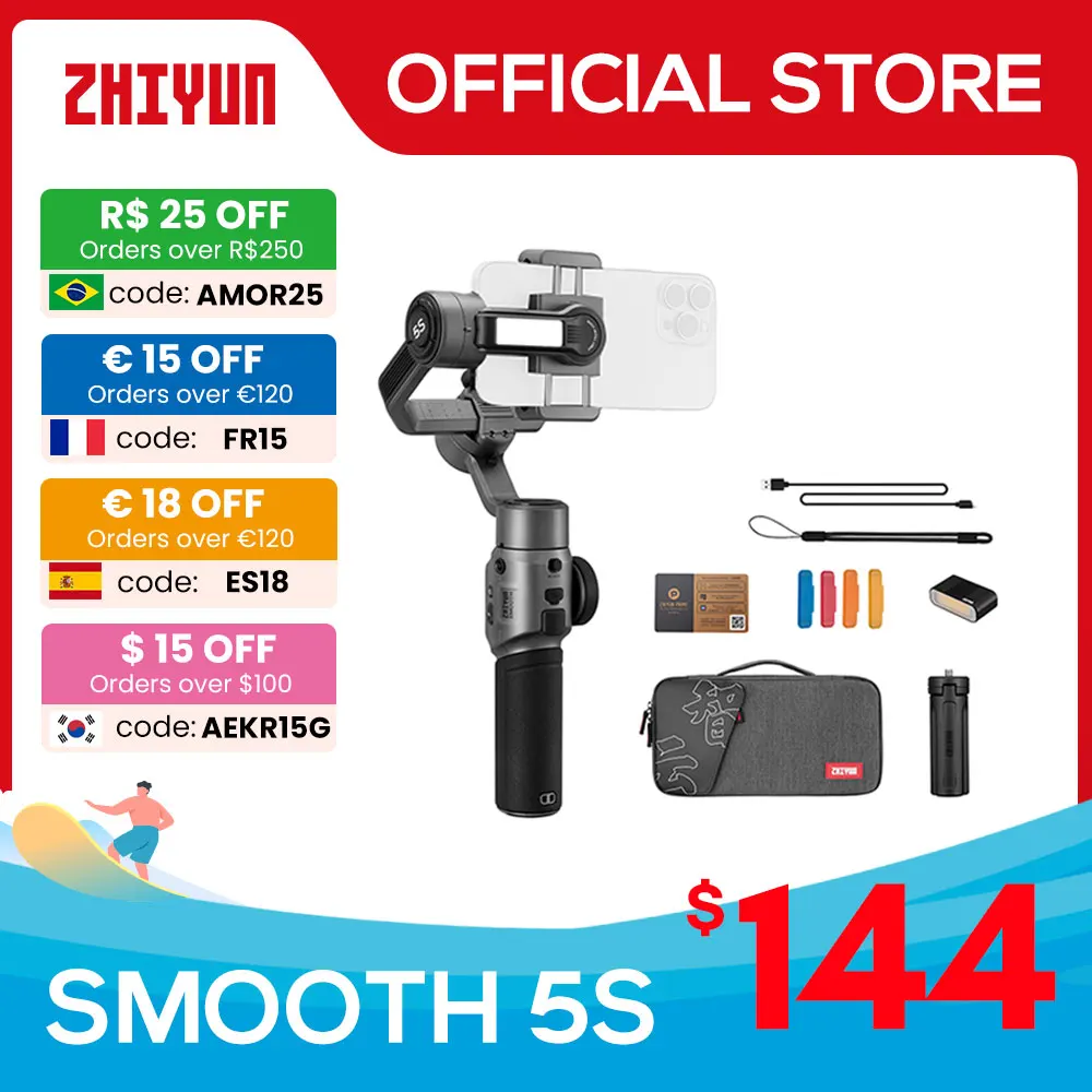 ZHIYUN Official Smooth 5S Handheld Stabilizer 3-Axis Outdoor Smartphone Gimbals for iPhone 14 Pro Max/iPhone 13/Xiaomi
