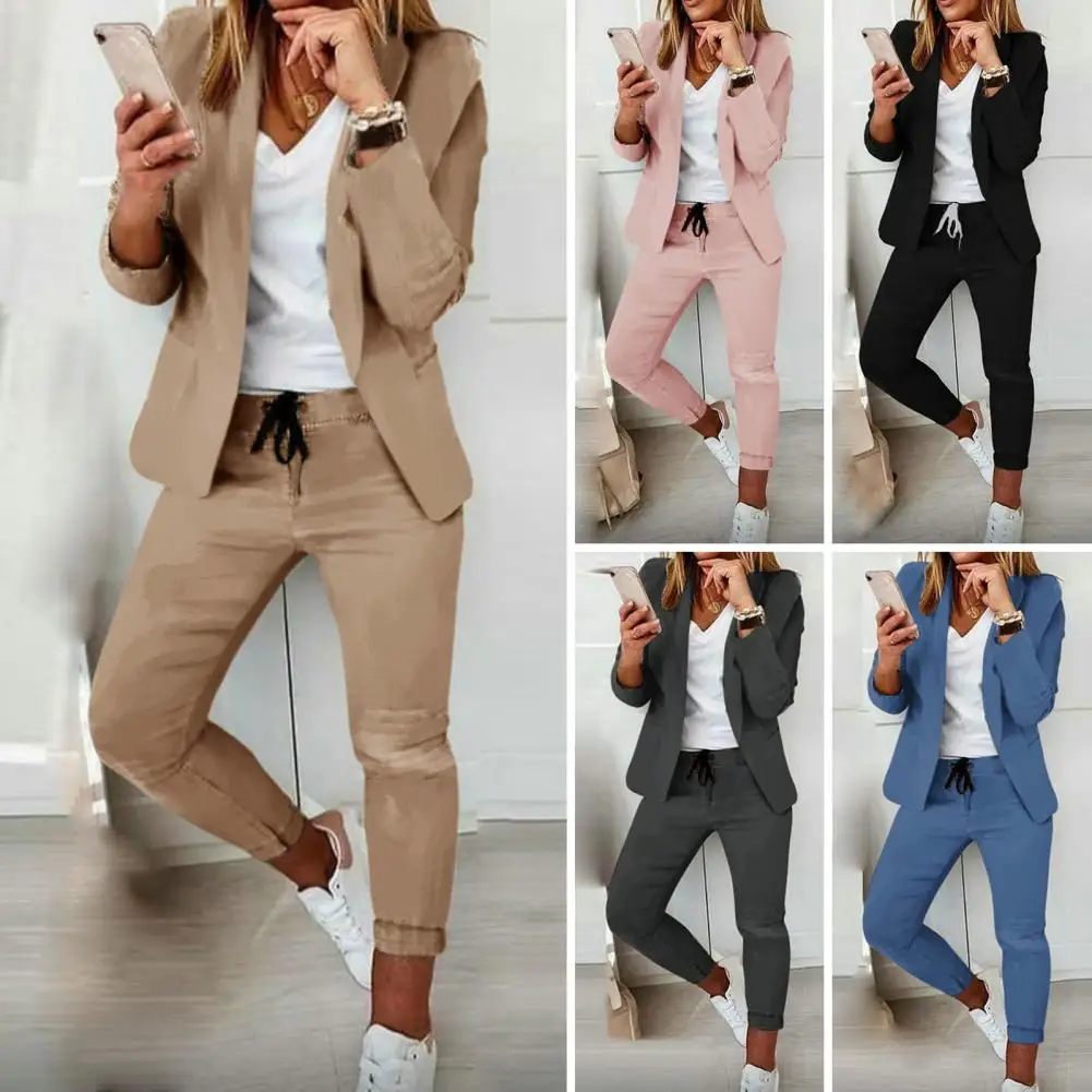

2 Pcs/Set Women Coat Pants Set Business Set Long Sleeves Solid Color Elastic Waist Lapel Slim Fit Pants Blazer Trousers Suit