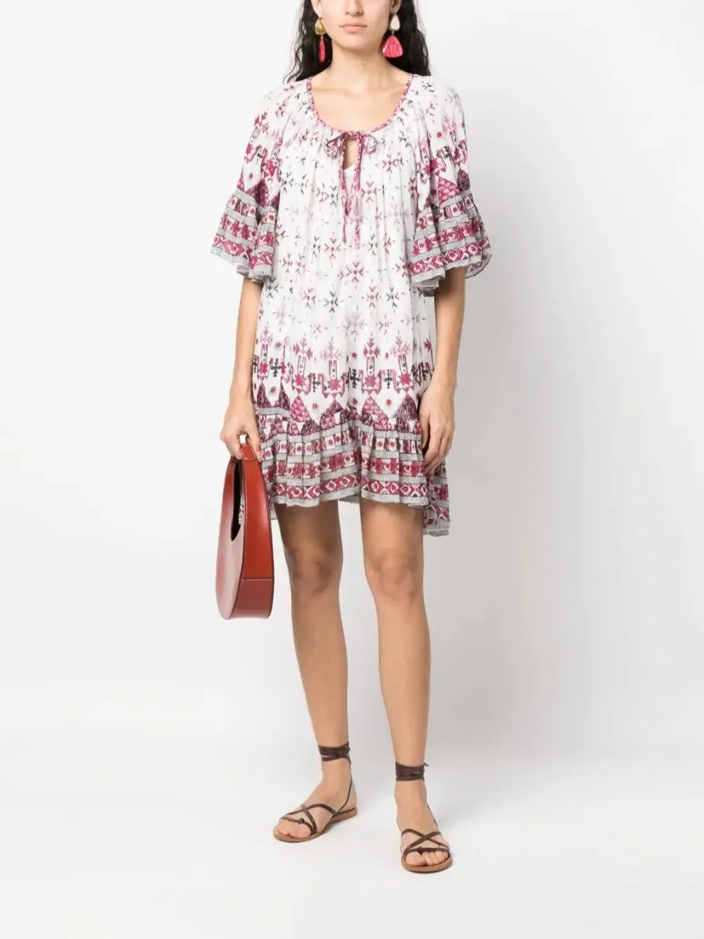 

Женское Плиссированное мини-платье на шнуровке, свободное короткое платье с О-образным вырезом, винтажным геометрическим принтом и пышными рукавами, лето 2023