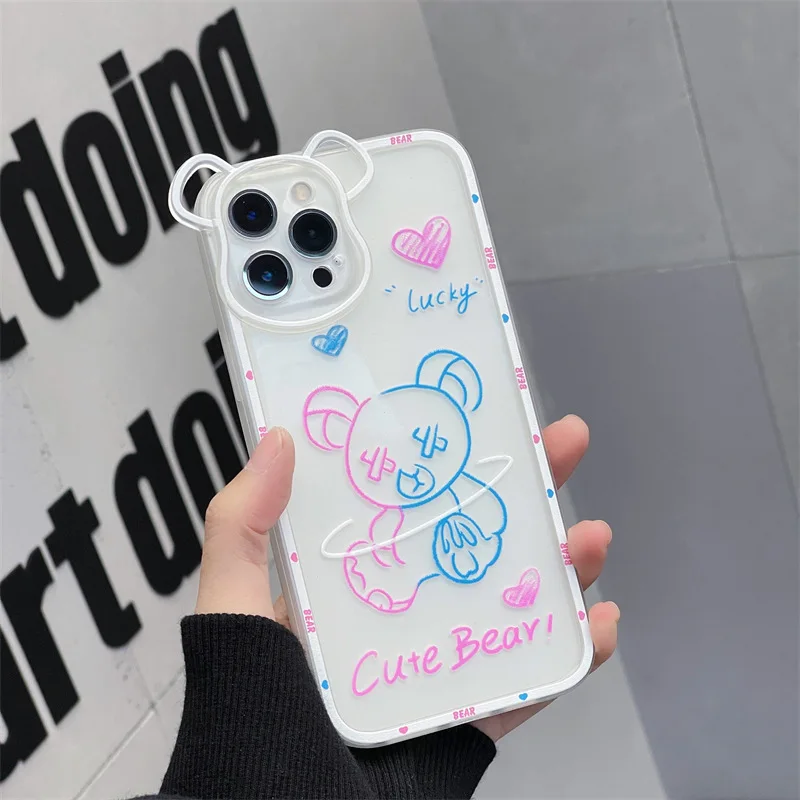 

Fashion Pink Blue Graffiti Cartoon Bear Phone Case Cover for IPhone 11 12 13 Pro X XR XS Max Shockproof Case for IPhone 13 Cases