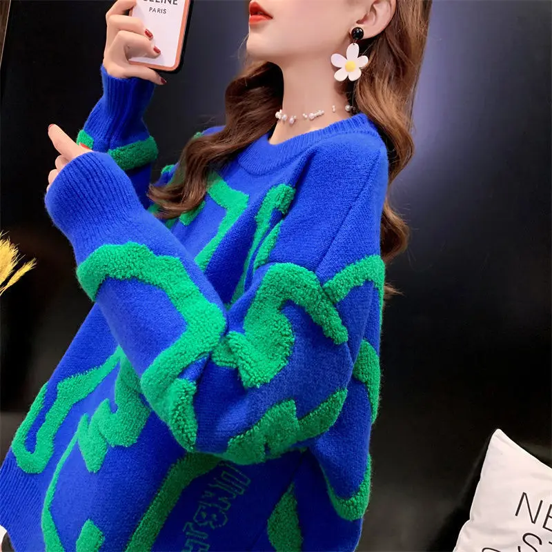 

Women's Sweater 2022 Autumn and Winter Plus Velvet Thickening Loose Lazy Wind Mid-length Western Style All-match Design Sweater