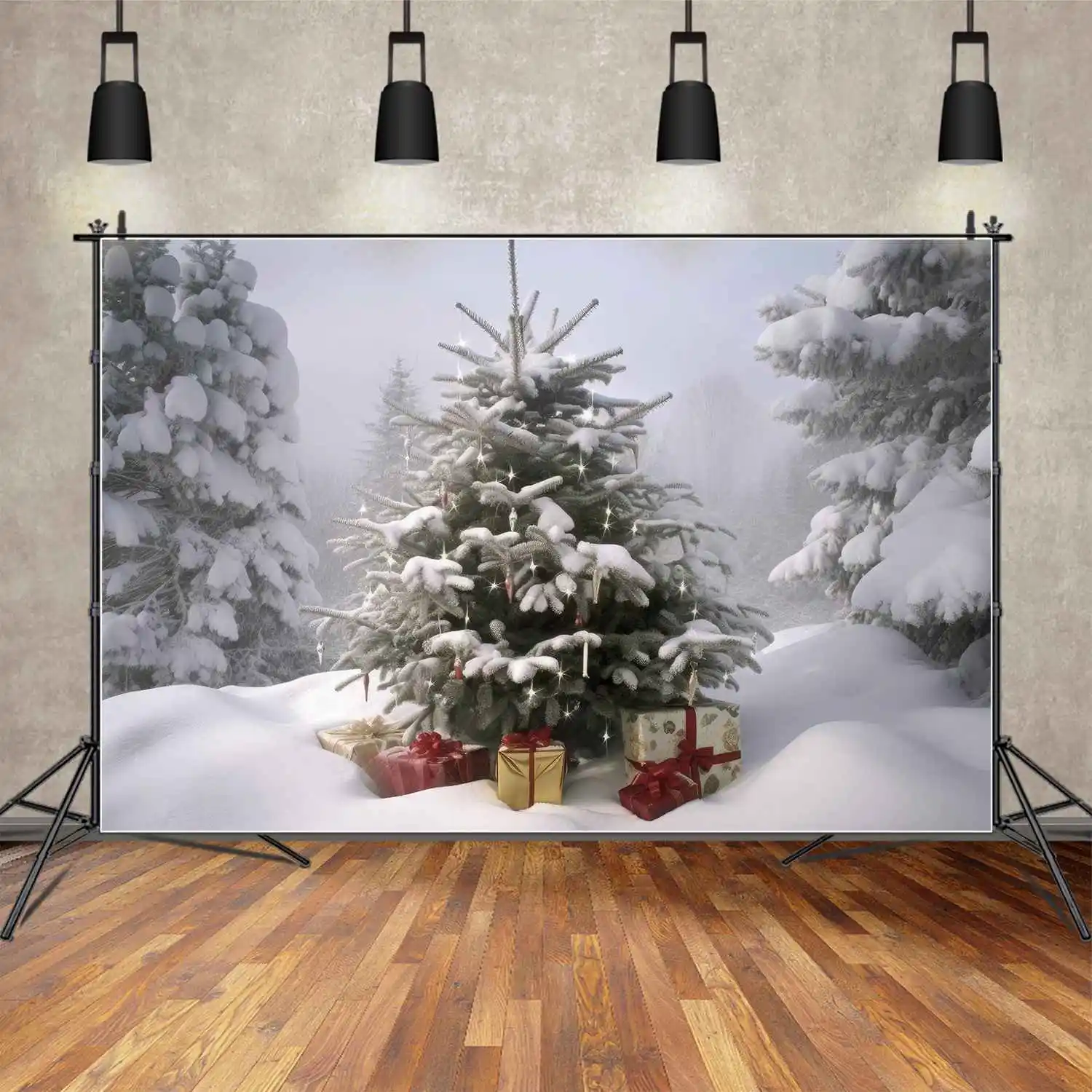 

MOON.QG Backdrop Snow Christmas Tree Fish Gift Forest Decorations Background Customized Children's Party Prop Banner Photo Booth