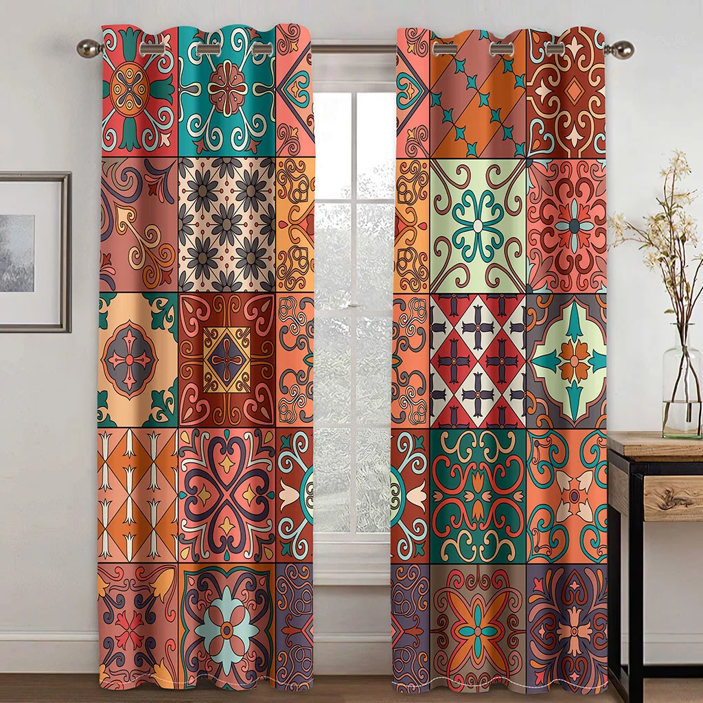 Vintage Moroccan Tile Pattern Curtains 2 Panels Boho Mediterranean Style Window Drapes Living Room Bedroom Home Decor