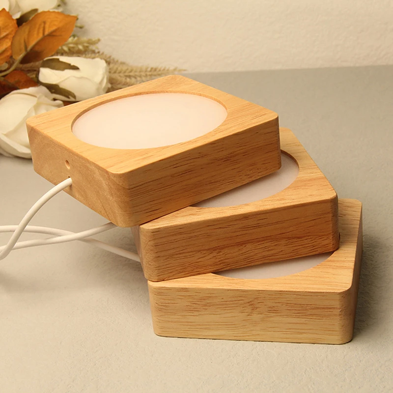 

Square Wood LED Light Dispaly Base Crystal Glass Resin Art Ornament Wooden Night Lamp Base LED Light Rotating Display Stand 1PC