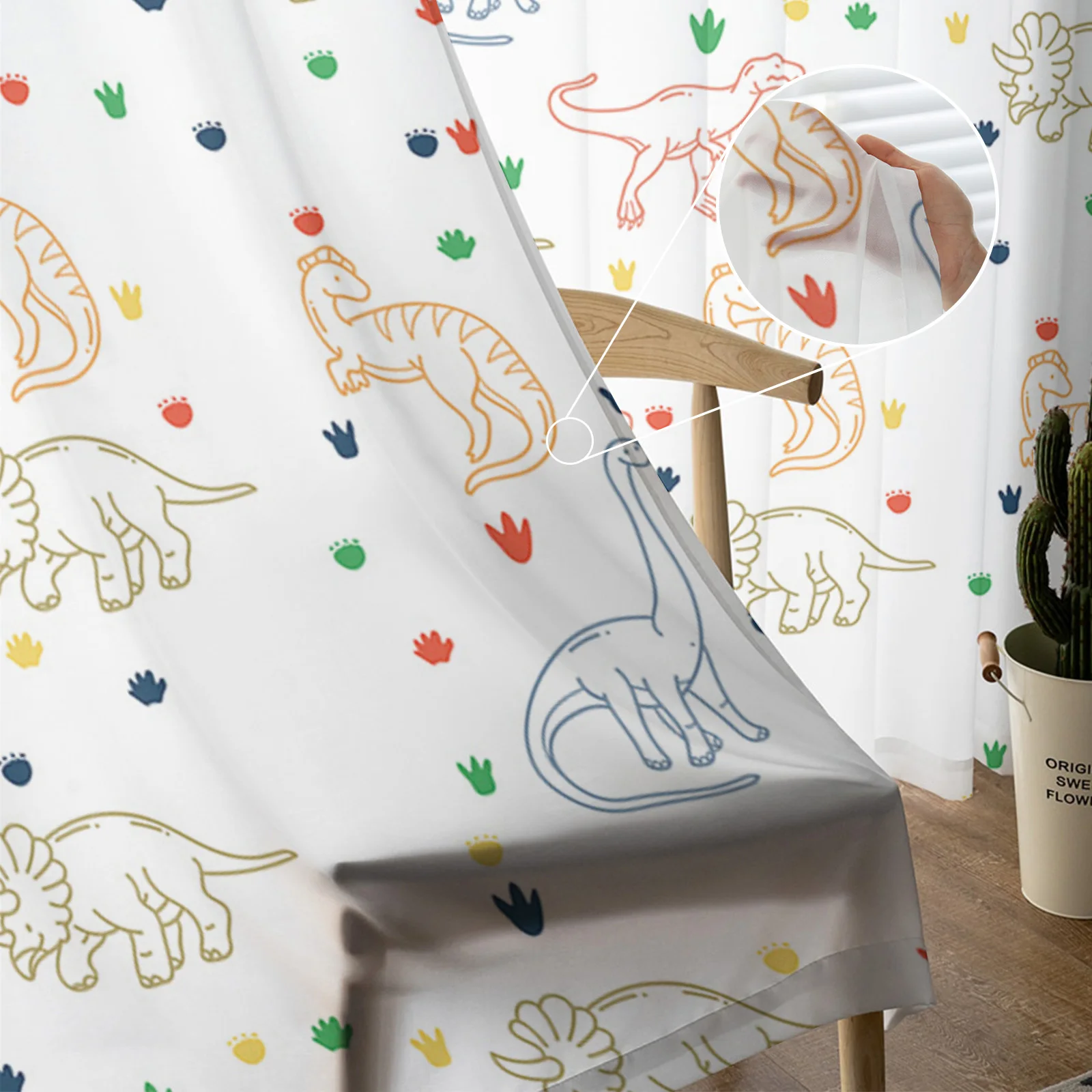 Детские тюлевые прозрачные шторы с изображением динозавра Юрского периода для