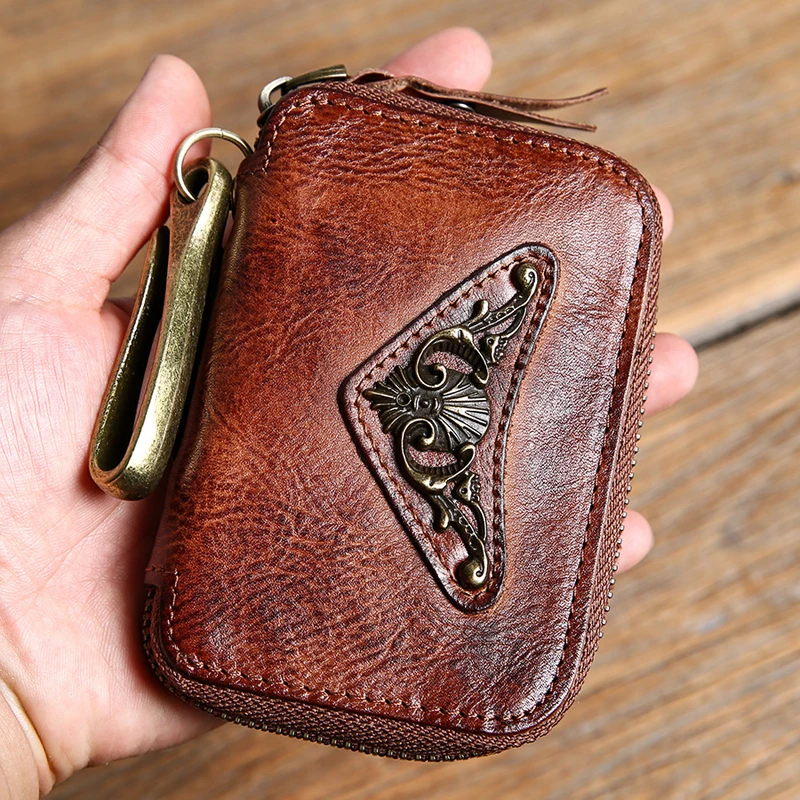 

AETOO Handmade vintage key bag male leather niche top layer cowhide mini coin purse hanging car key bag fashion