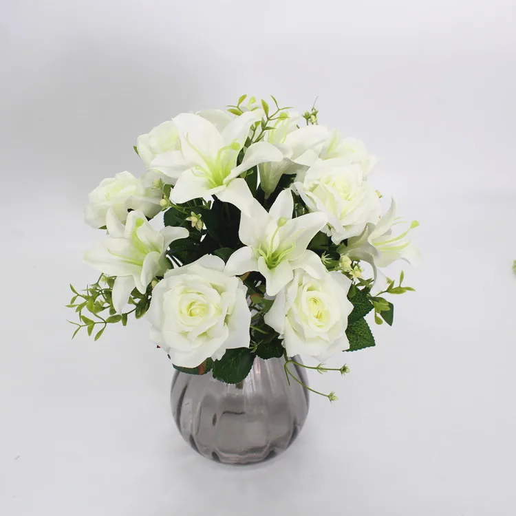 

White Artificial Lily Rose Mixed Bouquet Wedding Photography Floral Art Home Garden Hotel Simulation Fake Flower Plant Decor