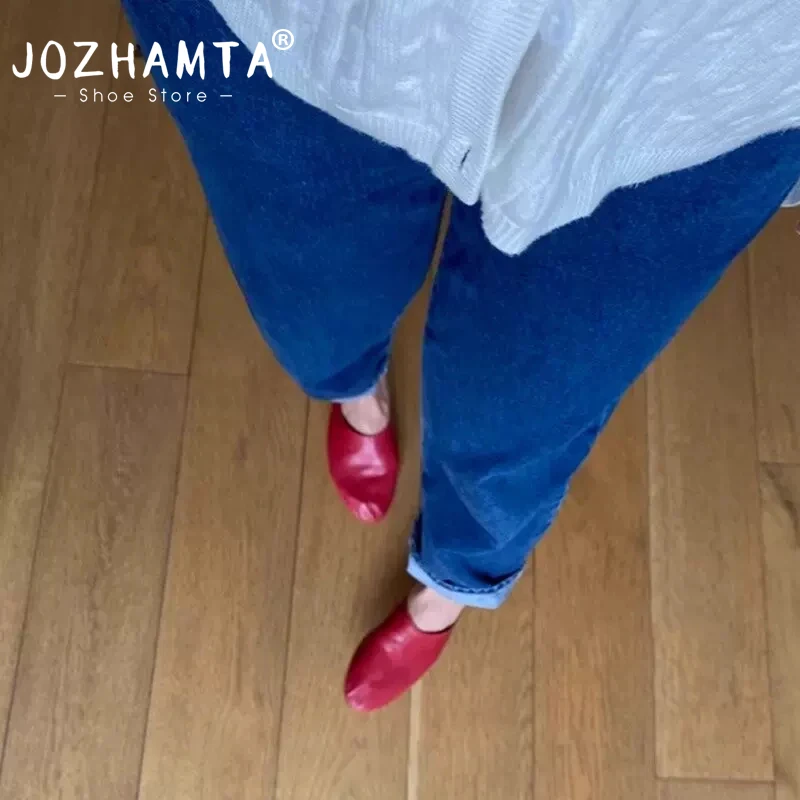 Фото JOZHAMTA, размеры 34-43, новые женские туфли на плоской подошве с круглым носком, туфли из натуральной кожи, сандалии для женщин, повседневная летняя обувь, тапочки №1