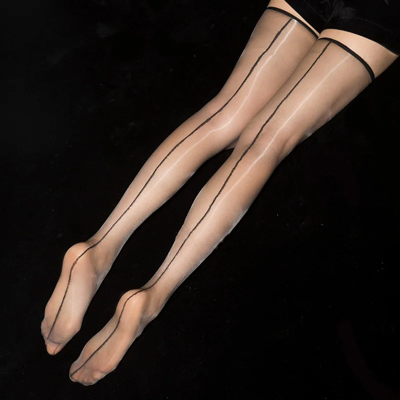

1D Ultra Thin Transparent Thigh High Stockings Women Sexy Oil Shine Long Stockings Retro Back Line Seamed Medias Glossy Hosiery