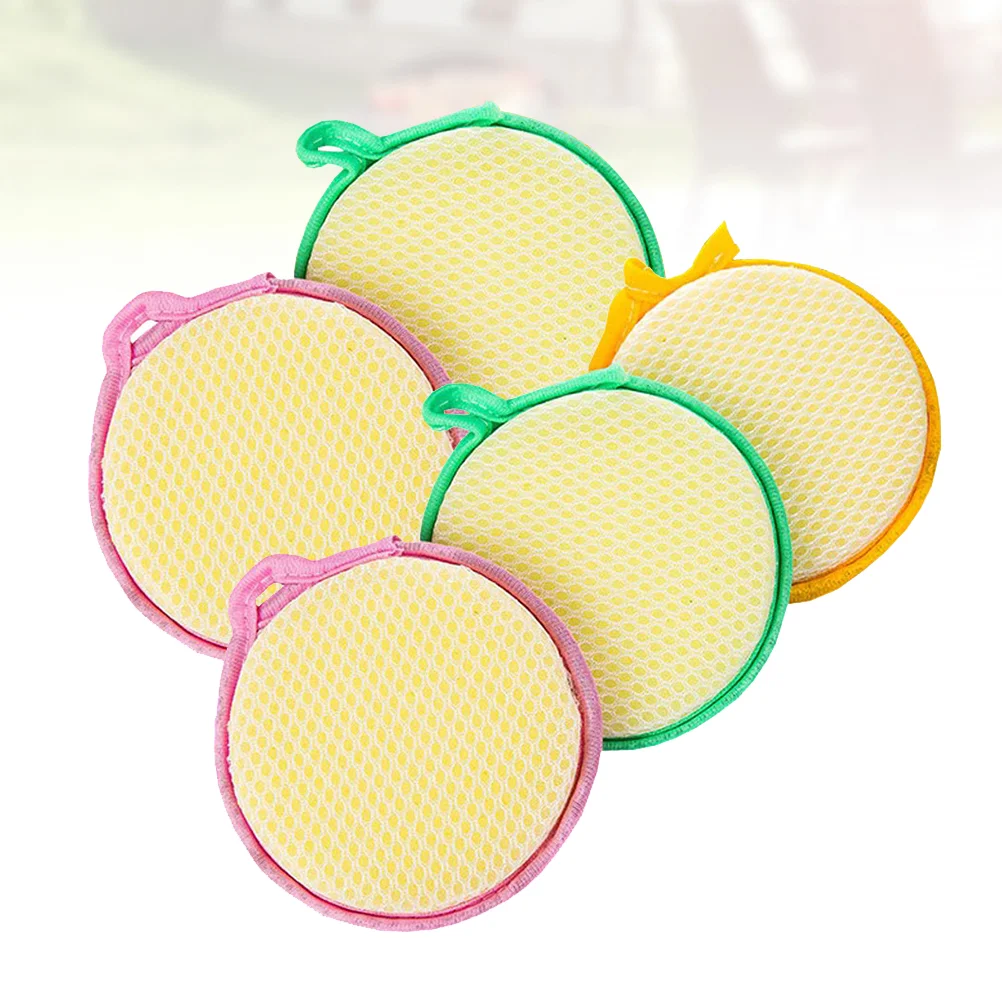 

5pcs Double-side Round Sponge Scouring Pad Home Household Kitchen Dishwashing Sponge Cleaning Pad Sponge Cloth )